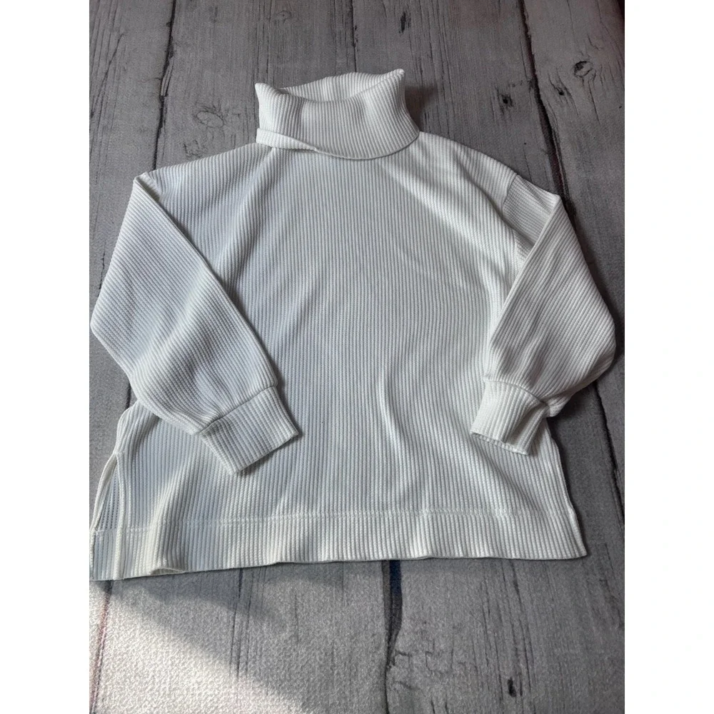 GAP Womens White Ribbed Turtleneck‎ Sweater Relaxed Fit Side Slit Medium